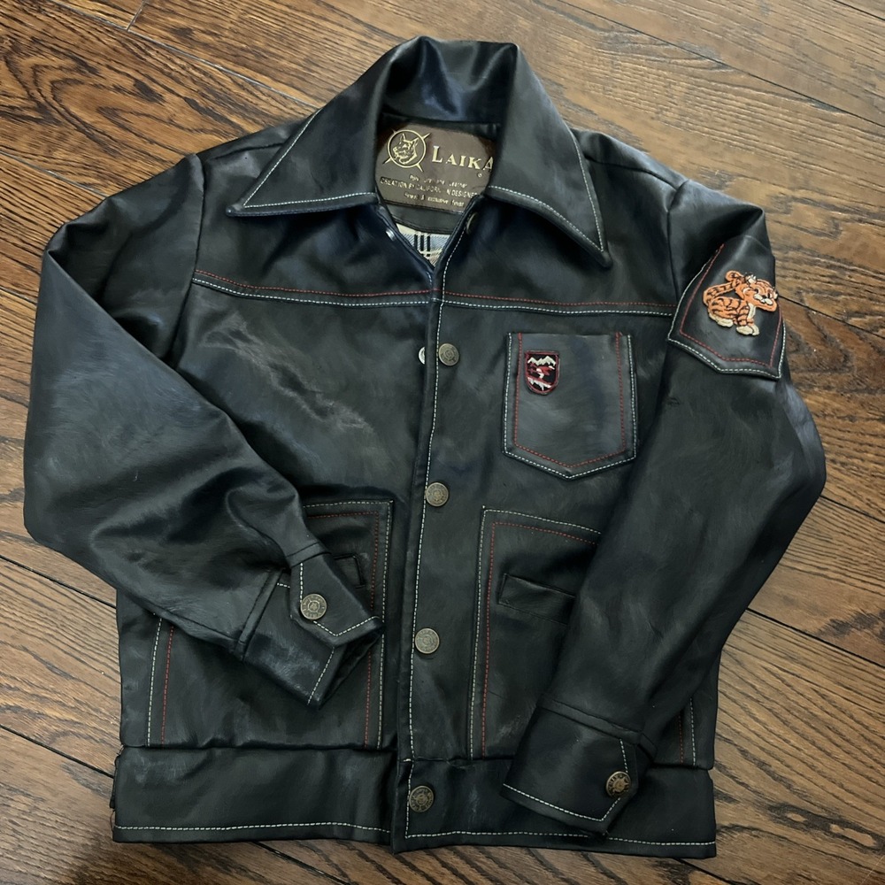 vtg laika poly urethane kids leather Black jacket medium Tiger Patch